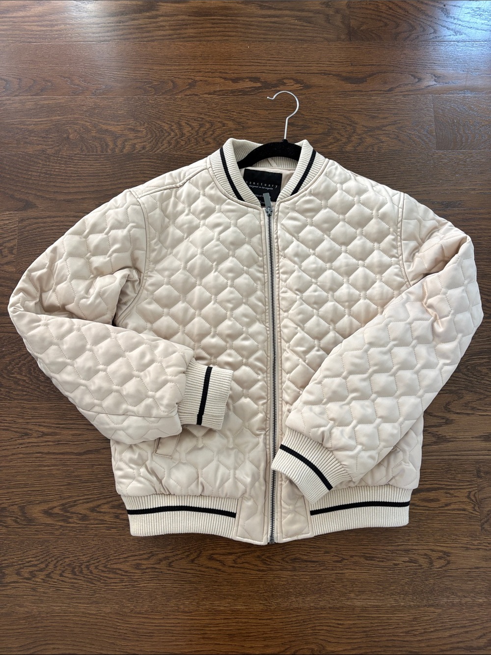 Sanctuary Quilted Bomber Jacket in Cream with Black Trim